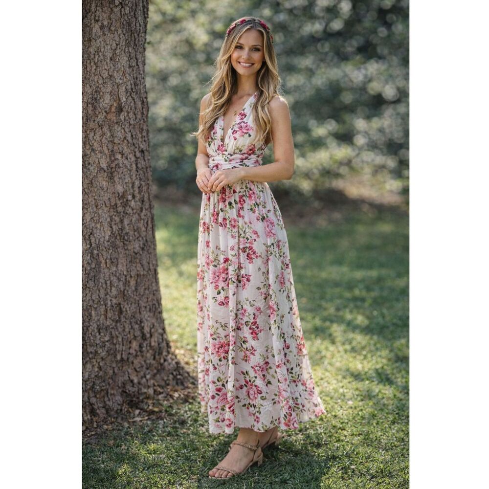 Mind Code Twisted Back Floral Maxi Dress in Pink and White S